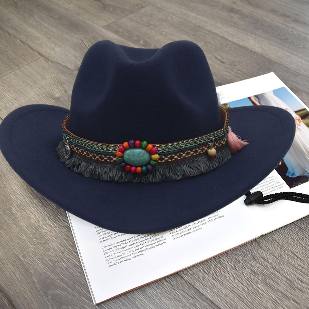 Men Women Fedora Hat Ethnic Style Beaded Fedora Hat Woolen Top for Men Navy Blue