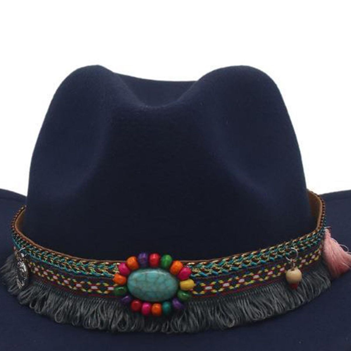 Men Women Fedora Hat Ethnic Style Beaded Fedora Hat Woolen Top for Men Navy Blue