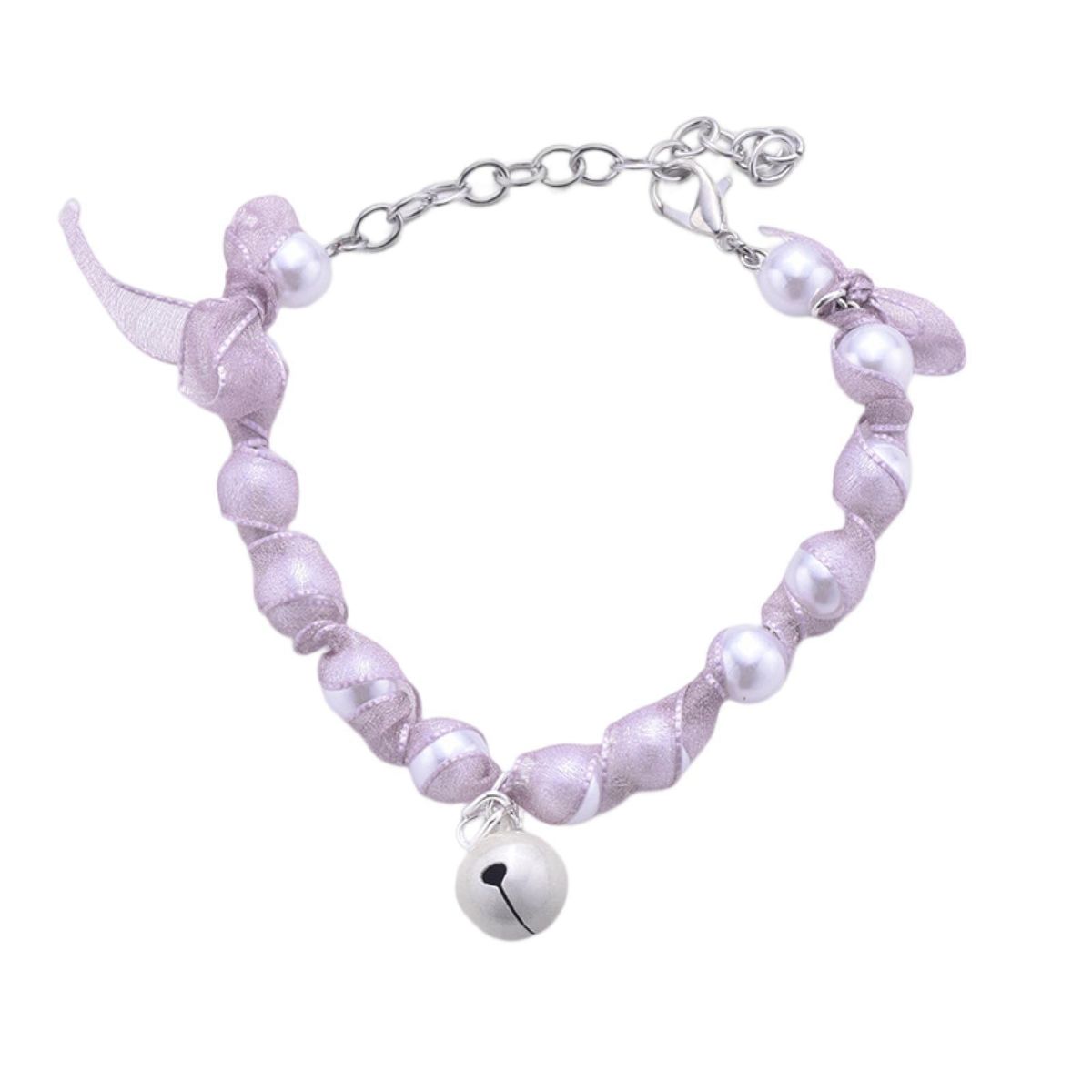 Pet Necklace Pet Cat Dog Pearl Necklace Ribbon Decor Light Purple