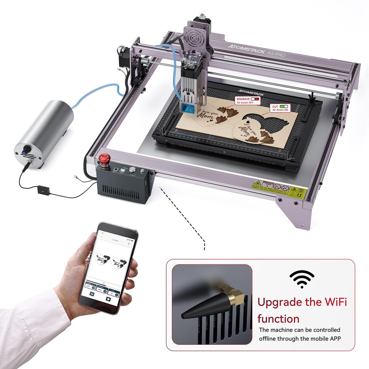 ATOMSTACK AIC1 Auto Air Assist System for Laser Engraving Machine Support Automatic Control WiFi Offline Work with 32-bit High-speed Motherboard Suitable for X30 Pro/ S30 Pro/ A30 Pro/X20 Pro/ S20 Pro/ A20 Pro/X7 / X7 Pro/ A1
