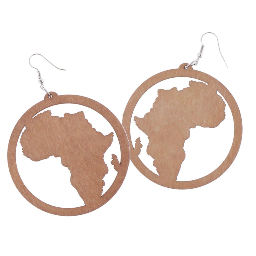 Exaggerate Wooden Africa Map Shape Dangle Earrings   Hook Light Brown