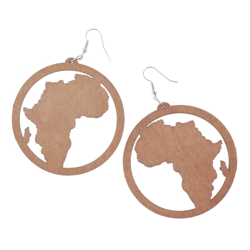 Exaggerate Wooden Africa Map Shape Dangle Earrings   Hook Light Brown