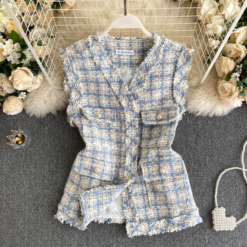 Fragrant and fragrant tweed jacket for women, retro clothes with large pockets, short vest, new