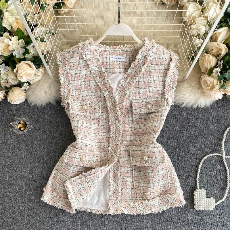 Fragrant and fragrant tweed jacket for women, retro clothes with large pockets, short vest, new