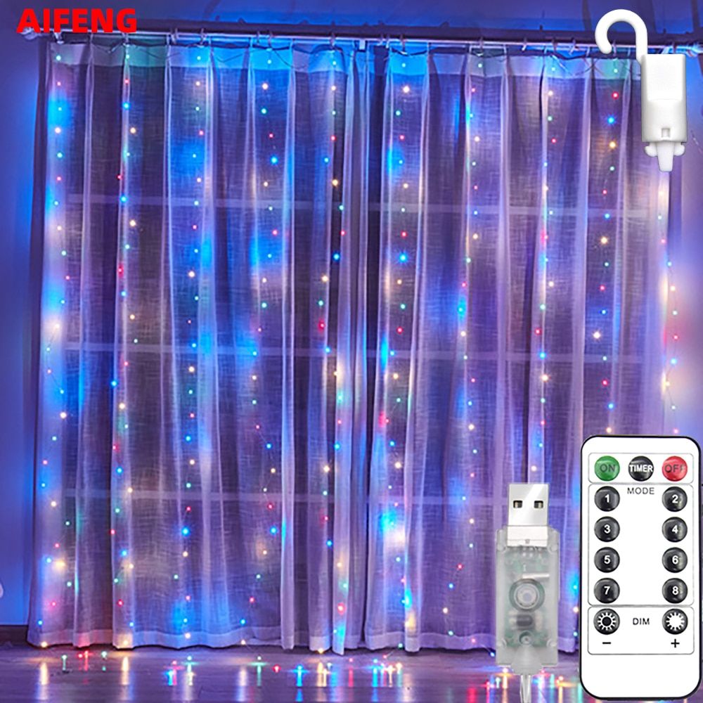 Christmas Holiday LED Decoration Lights Fairy Bedroom String Gard Remote Lighting Curtain Lights With Remote Control--blue--3mX2m Without Hook