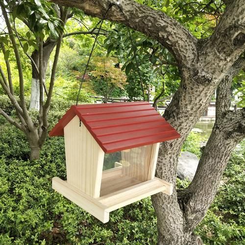 Bird Feeder Wooden Garden Decor Wild Bird Feed Dispenser Wooden Bird House With Roof Home Garden Yard Decoration