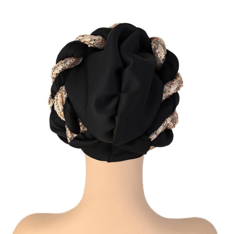 Arab Wrap Muslim Scarf Hijabs Turbans African Headtie Sequin Braid Hat for Women Pleated Beanie Headwrap Hair Accessories