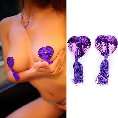 1 Pair Sexy Women Ladies Lingerie Sequin Tassel Heart Shaped Breast Bra Nipple Cover Pasties Stickers Black, P-Purple