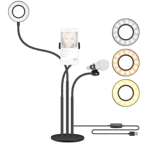 Live Broadcast LED Selfie Ring Light With Microphone And Phone Clip Holder - Black