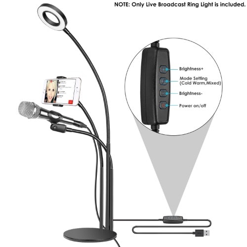 Live Broadcast LED Selfie Ring Light With Microphone And Phone Clip Holder - Black