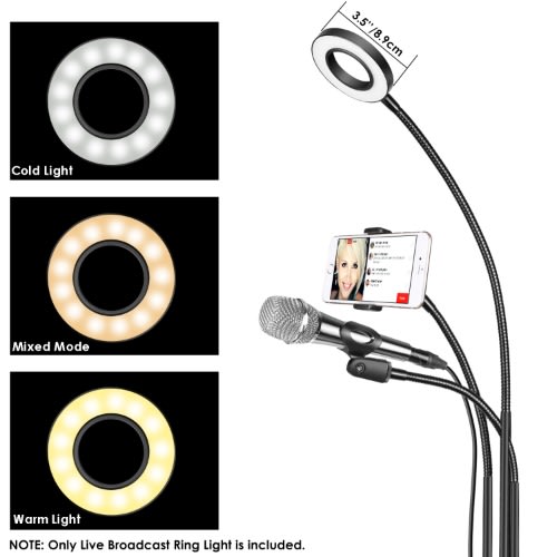 Live Broadcast LED Selfie Ring Light With Microphone And Phone Clip Holder - Black