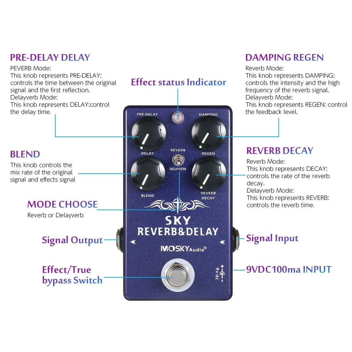 MOSKYaudio 2-in-1 Digital Reverb   Delay Effects Pedal