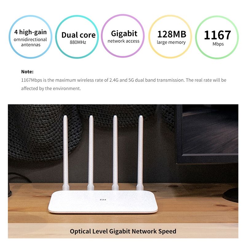 Xiaomi WiFi Router 4A Smart APP Control AC1200 1167Mbps 128MB 2.4GHz & 5GHz Dual-core CPU Gigabit Ethernet Port Wireless Router Repeater With 4 Antennas, Support Web & Android & IOS, US Plug