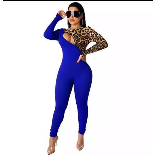 Leopard Print Patch Work Long Sleeve Jumpsuit Blue
