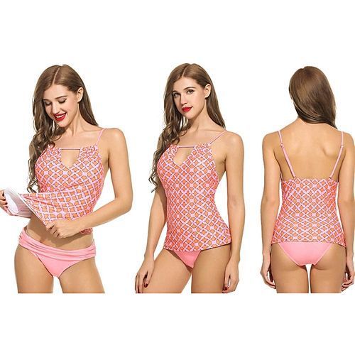 Women's Print Padded Tankini Top With Fold Over Waist Briefs Set Bathing Suit Swimwear-Orange