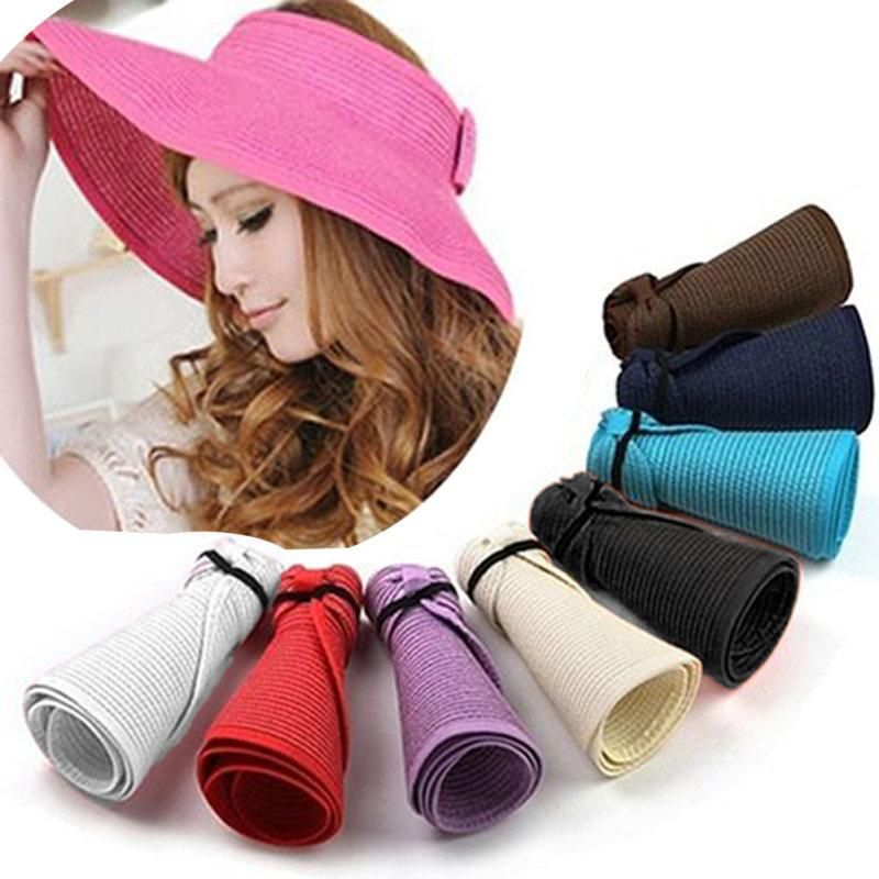Women's Summer Wide Brim Roll Up Foldable Sun Beach-Black