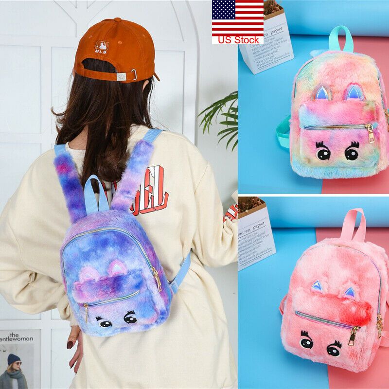 Women Girls Cute Faux Fur Backpack Small Mini Woolen Cloth