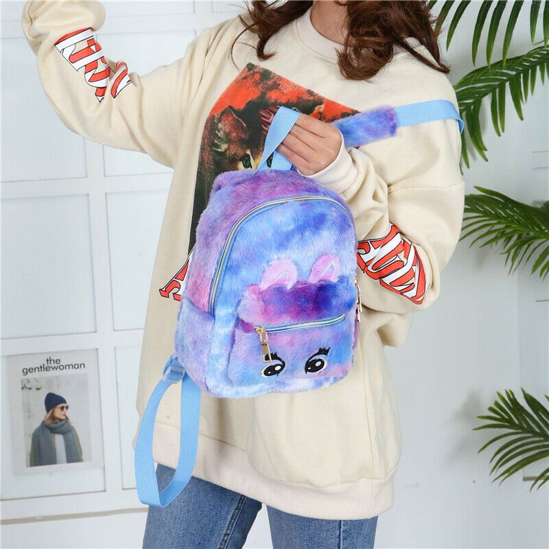 Women Girls Cute Faux Fur Backpack Small Mini Woolen Cloth