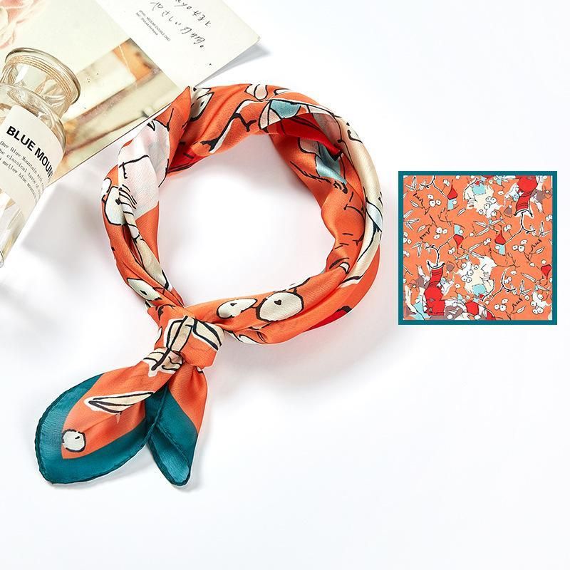 Summer Ins Style Japanese and Korean Style Sweet New Silk Satin Scarf Orange Fruit Stone Printing Small Silk Scarf Square Scarf Gift Delivery
