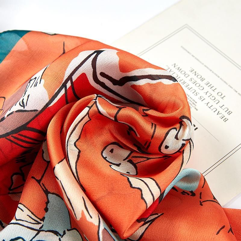 Summer Ins Style Japanese and Korean Style Sweet New Silk Satin Scarf Orange Fruit Stone Printing Small Silk Scarf Square Scarf Gift Delivery