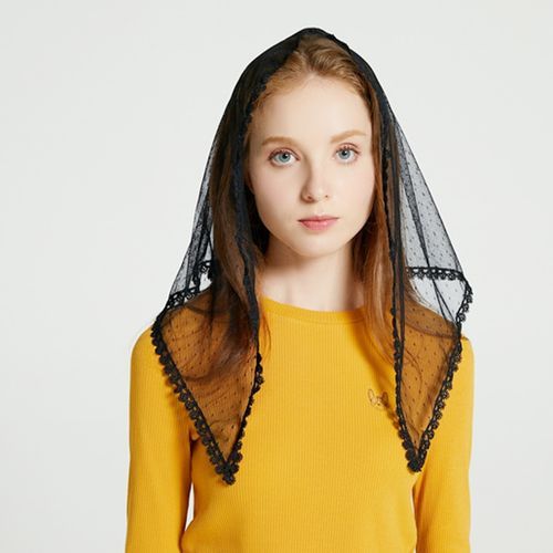 Couverture Design Women Fashion Headband Mantilla For Church Ivory Lace Mantilla Veil Chapel Catholic Mass Triangle Scarf Hijab(#black) HON