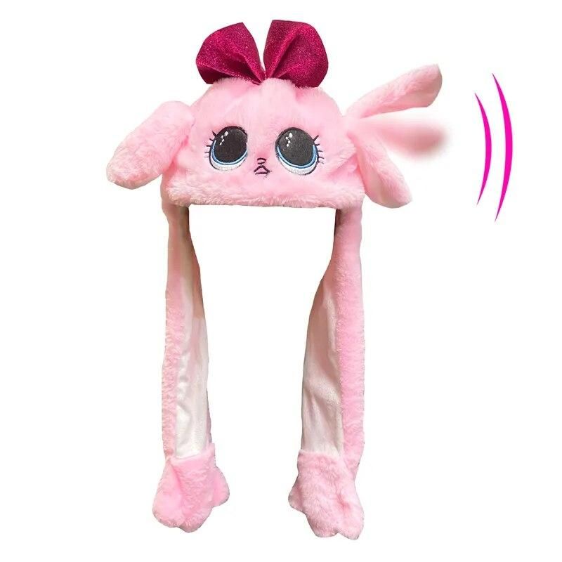 Pink Doll Ear Moving Hat Cat Plush Bunny Ears Moving Jumping Up Toys Dress Up Funny Cosplay Party for Kids Christmas Gift Adult