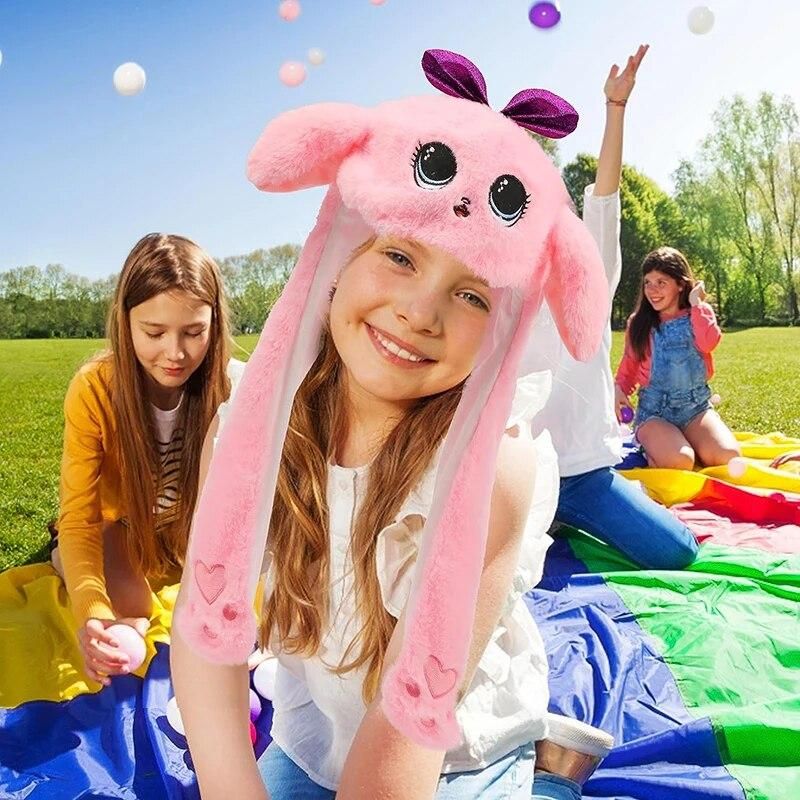 Pink Doll Ear Moving Hat Cat Plush Bunny Ears Moving Jumping Up Toys Dress Up Funny Cosplay Party for Kids Christmas Gift Adult