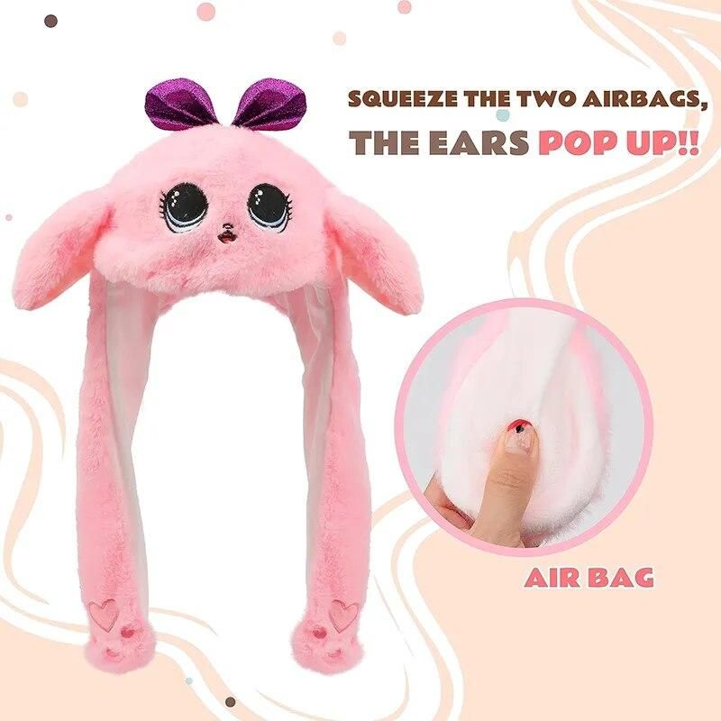 Pink Doll Ear Moving Hat Cat Plush Bunny Ears Moving Jumping Up Toys Dress Up Funny Cosplay Party for Kids Christmas Gift Adult