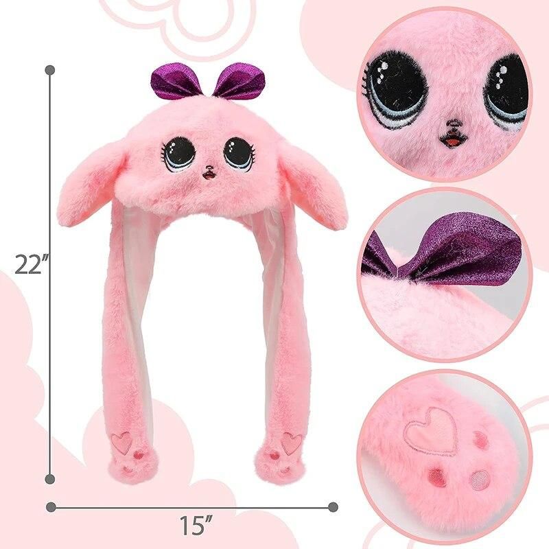 Pink Doll Ear Moving Hat Cat Plush Bunny Ears Moving Jumping Up Toys Dress Up Funny Cosplay Party for Kids Christmas Gift Adult