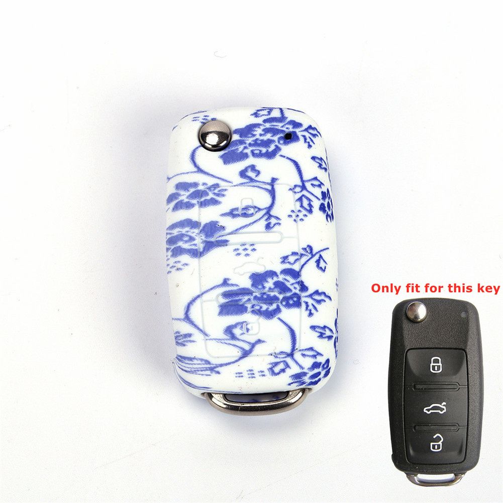 Silicone Car Key Case Cover Flip Remote Key Cover Case Fob For VW POLO Golf Jetta Tiguan Passat Bora Eos Beetle Seat Skoda Fabia- And Blue