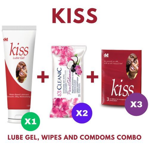 Lube Gel, Cleanic WipesX2 And Kiss Strawberry Condom X3
