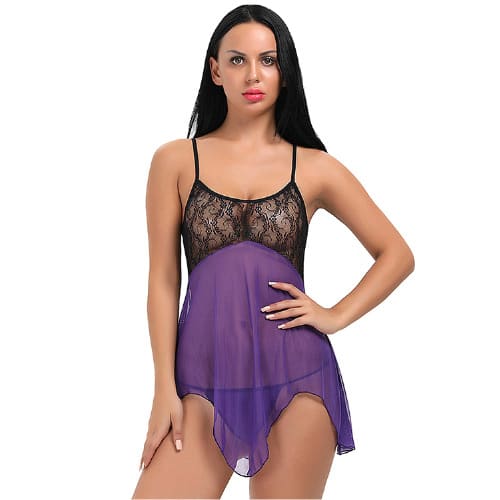 Skimpy Sheer Mesh Body Adjustable Strap Babydoll Lingerie - Purple