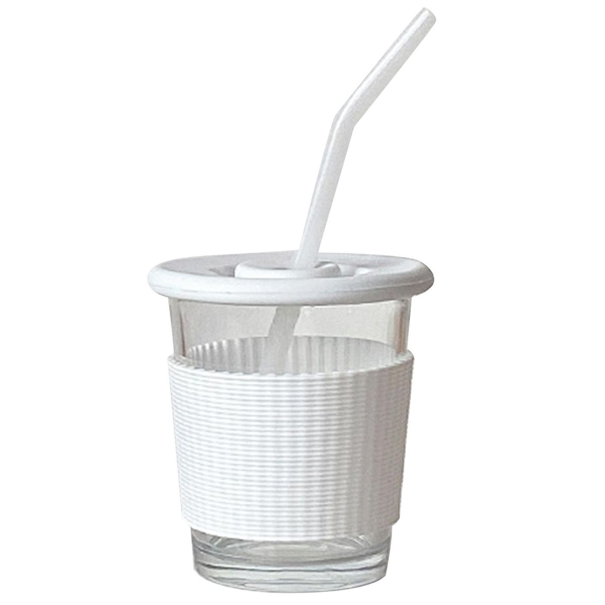 Latte Cup Glass Insulated Glass Cup with Lid Straw for Hotcold White