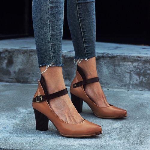 Ladies Thick High Heels Big Size Sandals Female Pointed Buckle Shoes Brown