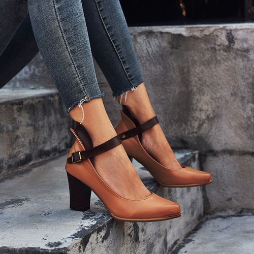 Ladies Thick High Heels Big Size Sandals Female Pointed Buckle Shoes Brown