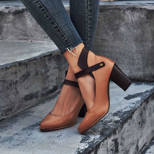 Ladies Thick High Heels Big Size Sandals Female Pointed Buckle Shoes Brown