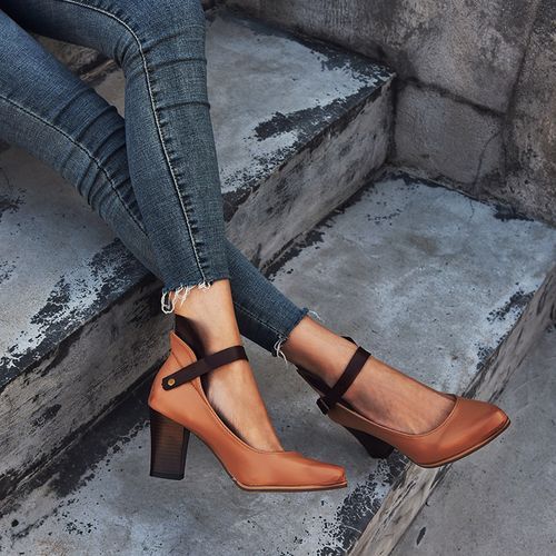 Ladies Thick High Heels Big Size Sandals Female Pointed Buckle Shoes Brown