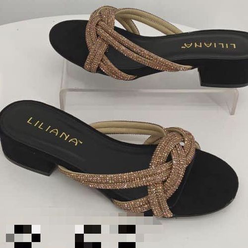 Rhinestoned Low Heel Slippers- Gold