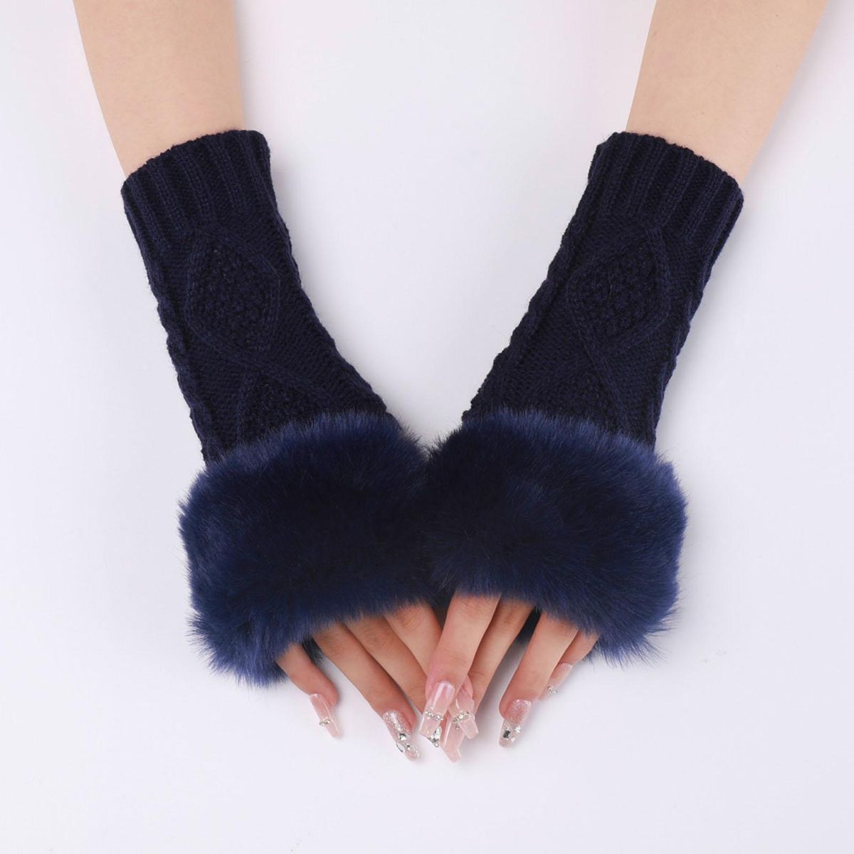 1 Pair Female Long Lady Arm Sleeves Mittens Navy Blue