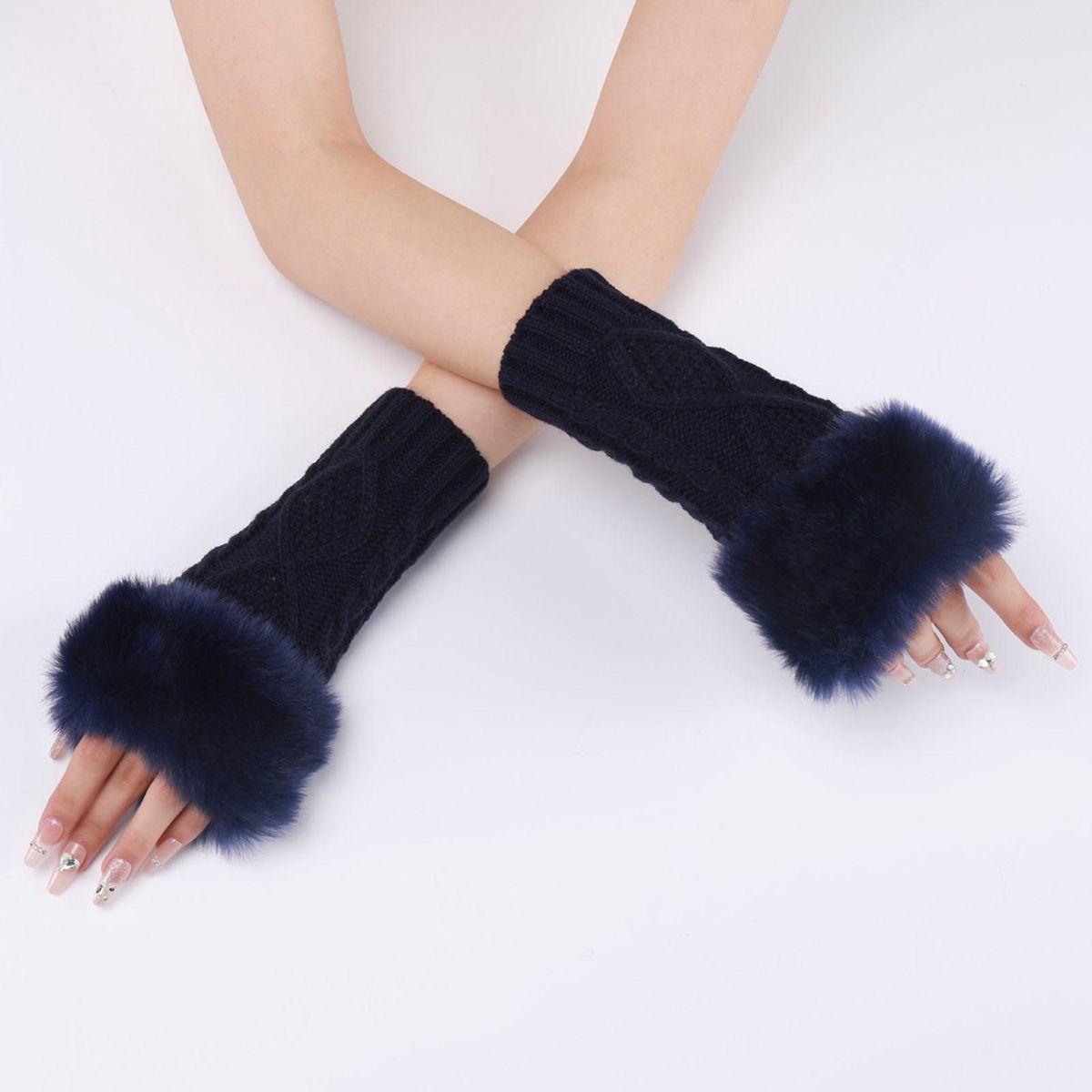 1 Pair Female Long Lady Arm Sleeves Mittens Navy Blue