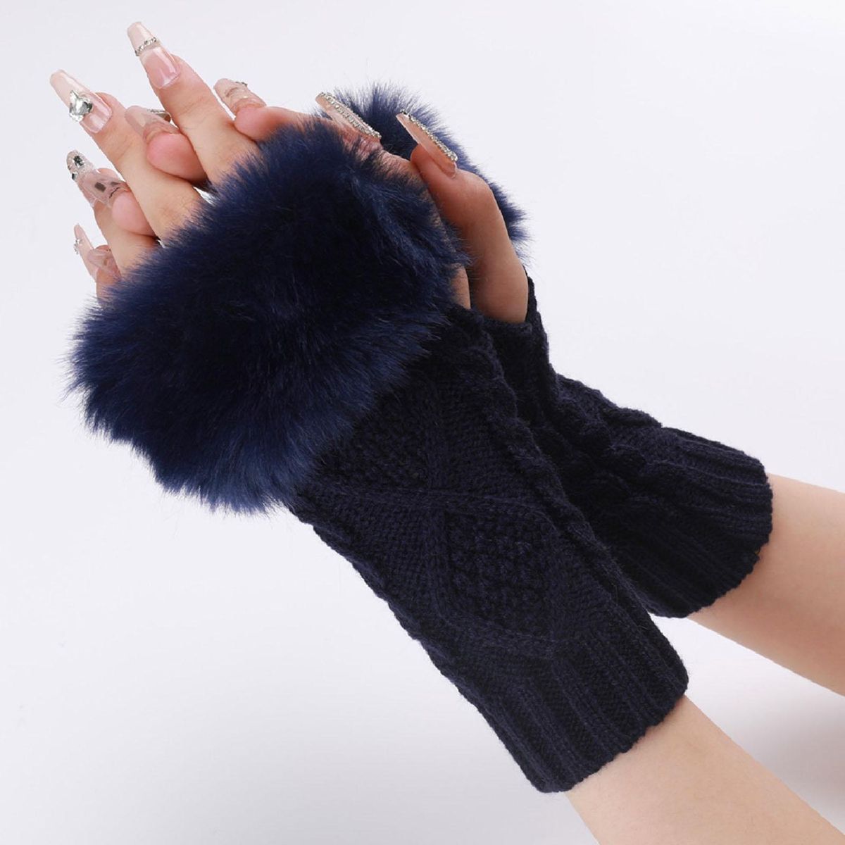 1 Pair Female Long Lady Arm Sleeves Mittens Navy Blue
