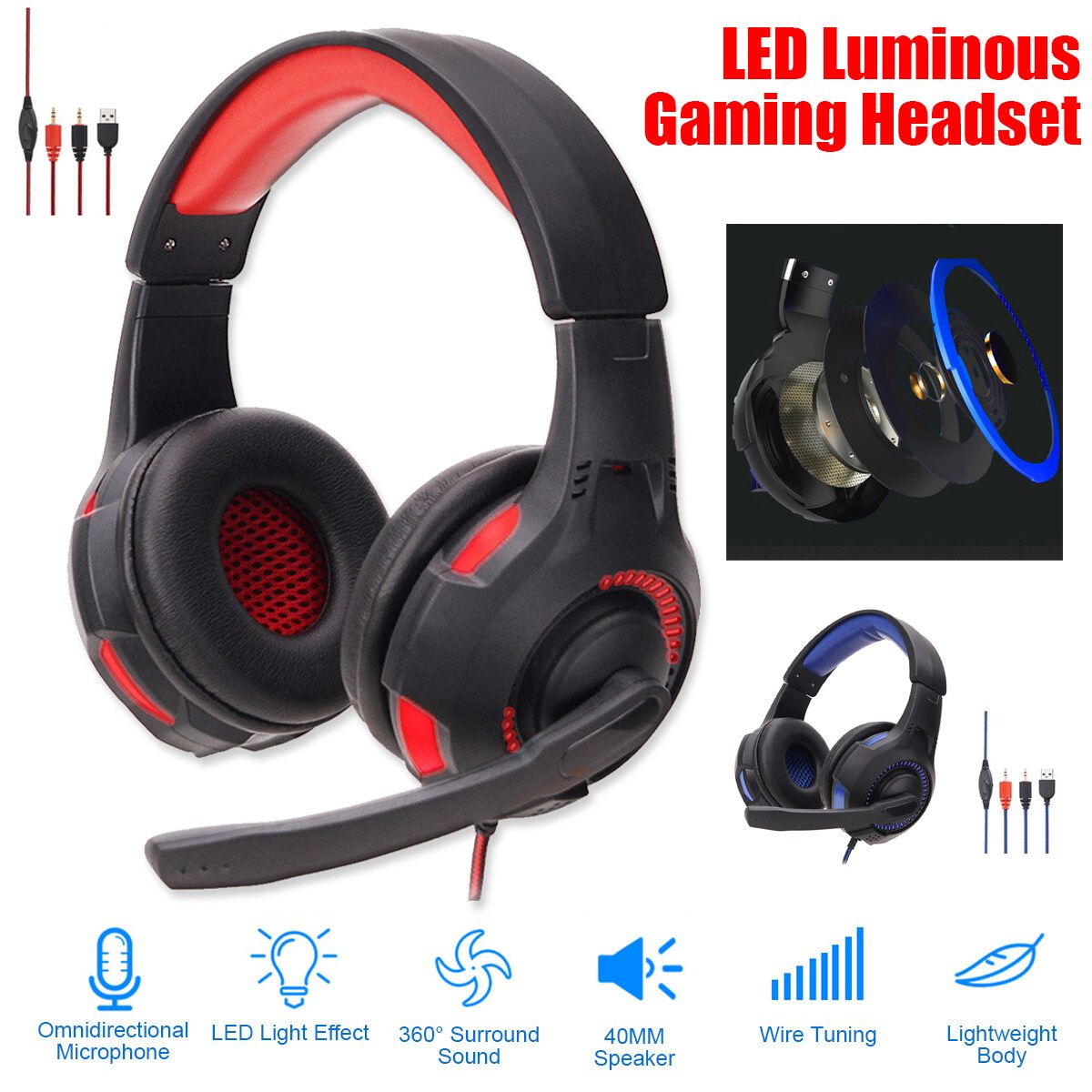 LED 3.5mm Mic Stereo Gaming Headset Computer Laptop Headphones Microphone Blue