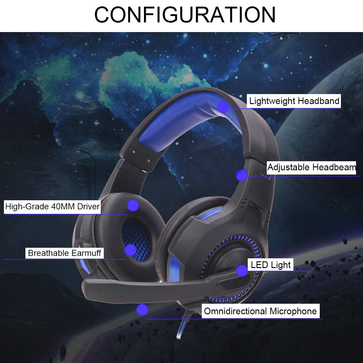 LED 3.5mm Mic Stereo Gaming Headset Computer Laptop Headphones Microphone Blue