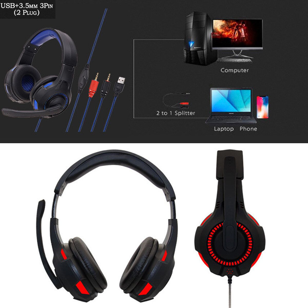 LED 3.5mm Mic Stereo Gaming Headset Computer Laptop Headphones Microphone Blue