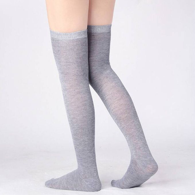 Women Plain Thigh High Socks Cotton Stocking Casual Winter Light Grey