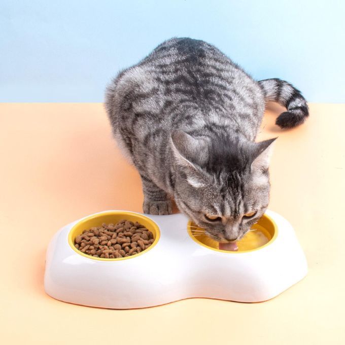 Pet Food Bowl Egg Yolk Water Drinking Feeding Dog Cat Double Bowl
