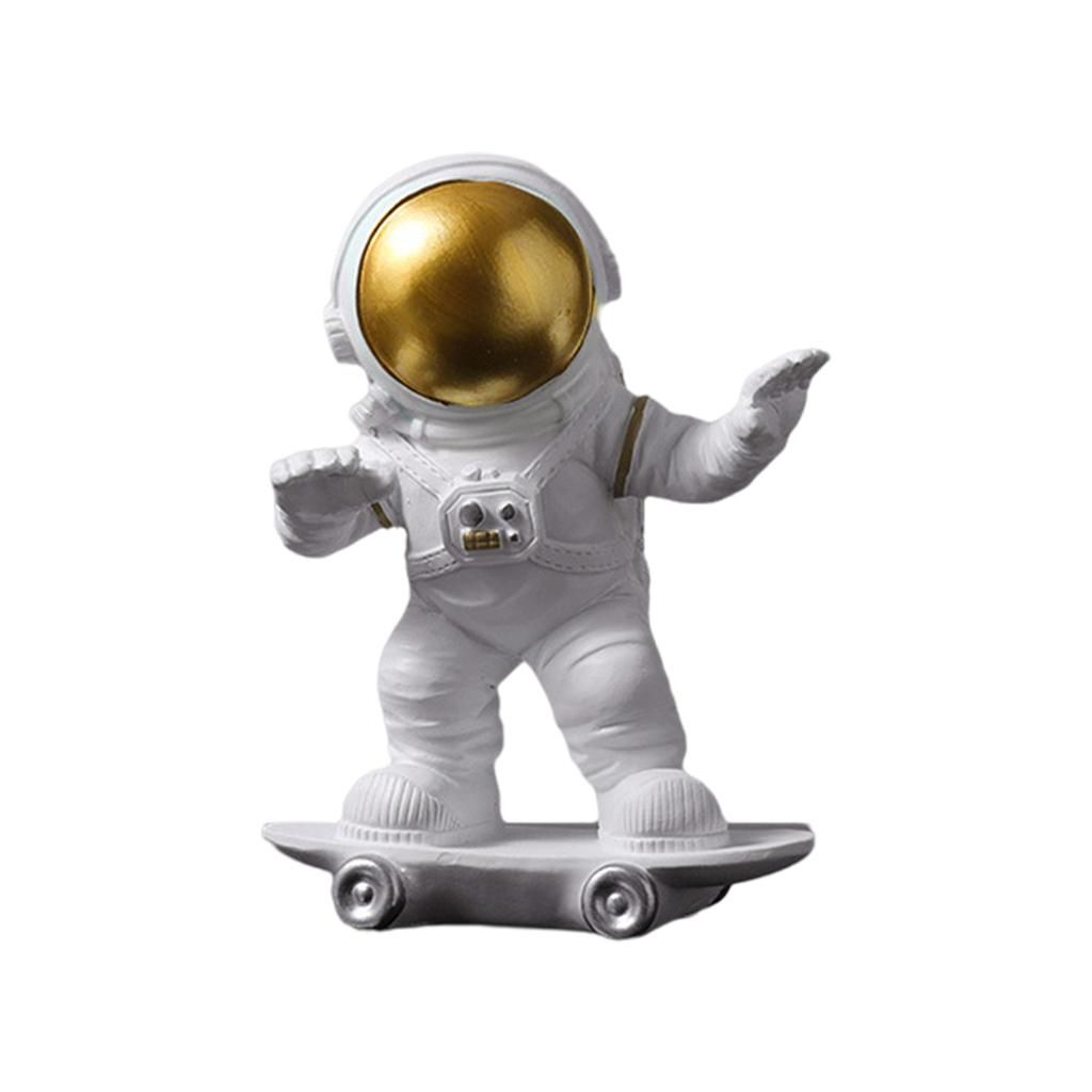 Polyresin Skateboarding Spaceman Figurine Statue Astronaut Golden