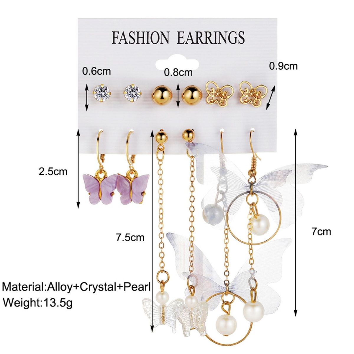 6 Pairs Stud Earrings Ladies Fashion Butterfly Faux Pearl Dangle Earrings Golden