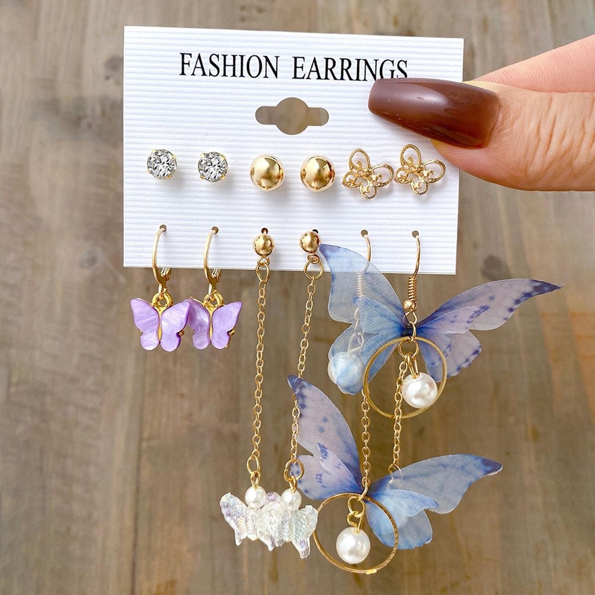 6 Pairs Stud Earrings Ladies Fashion Butterfly Faux Pearl Dangle Earrings Golden
