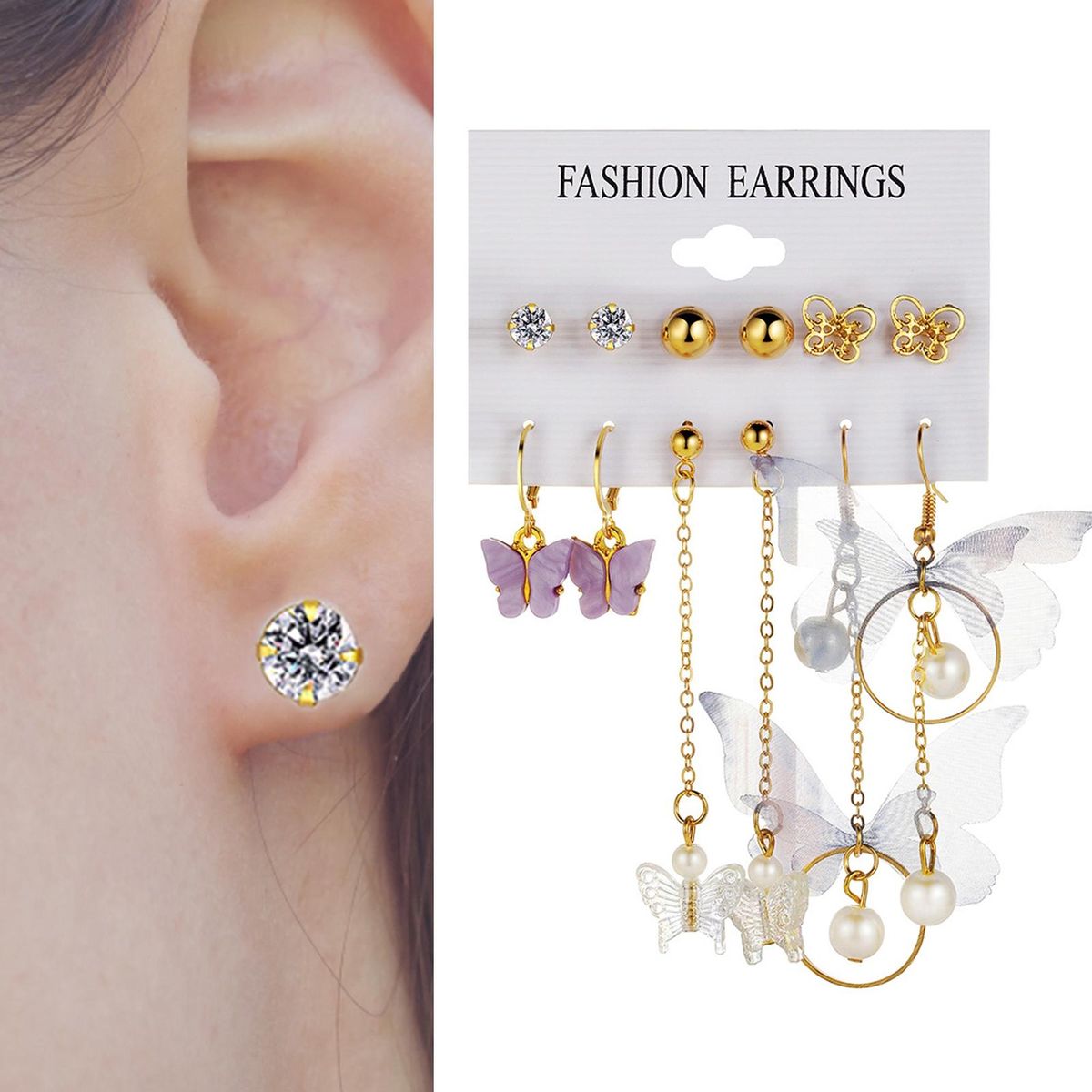6 Pairs Stud Earrings Ladies Fashion Butterfly Faux Pearl Dangle Earrings Golden